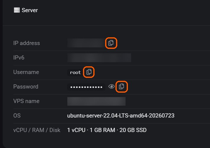 Блок Server: адрес, имя пользователя, пароль и кнопки копирования