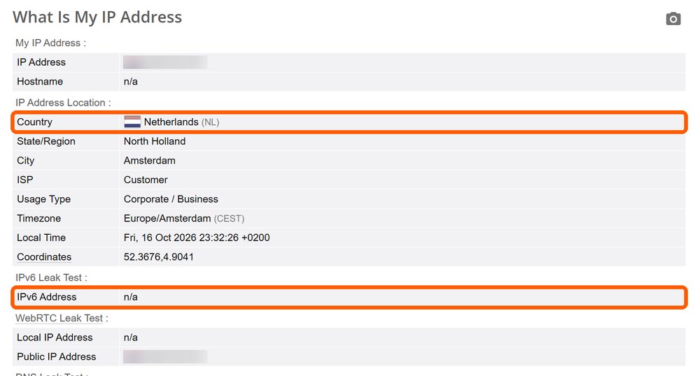 Проверка: Country Netherlands, IPv6 Address n/a